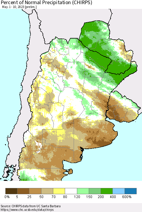 Southern South America Percent of Normal Precipitation (CHIRPS) Thematic Map For 5/1/2023 - 5/10/2023