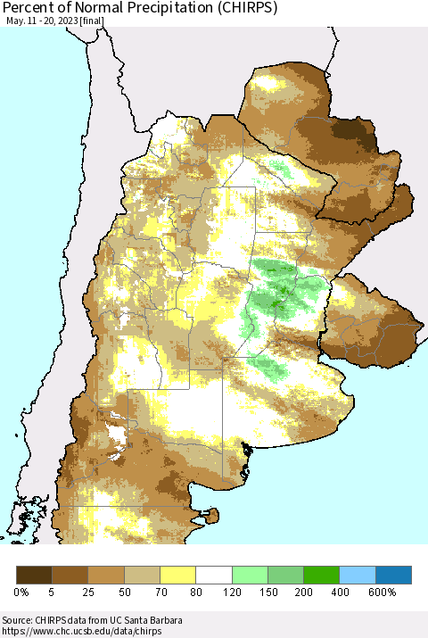 Southern South America Percent of Normal Precipitation (CHIRPS) Thematic Map For 5/11/2023 - 5/20/2023