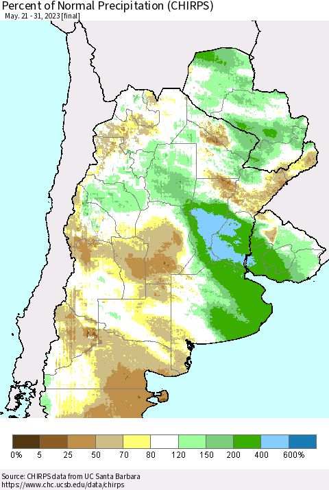 Southern South America Percent of Normal Precipitation (CHIRPS) Thematic Map For 5/21/2023 - 5/31/2023