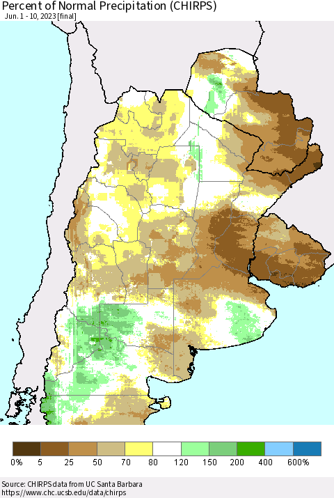 Southern South America Percent of Normal Precipitation (CHIRPS) Thematic Map For 6/1/2023 - 6/10/2023