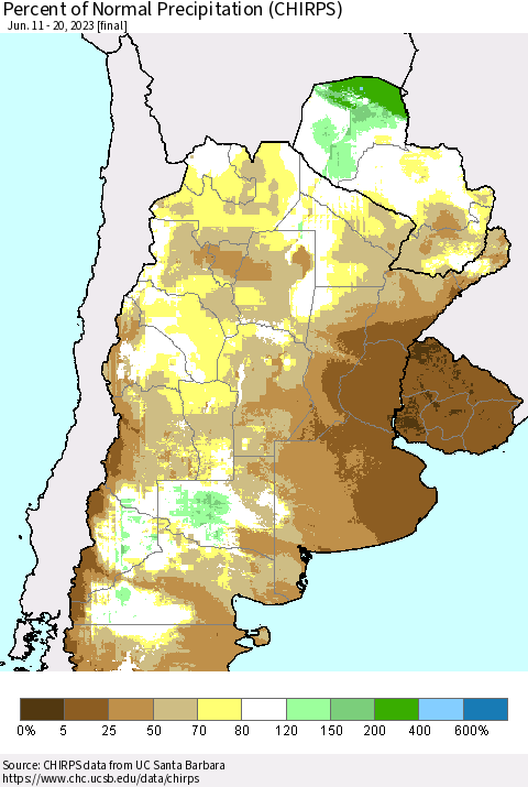 Southern South America Percent of Normal Precipitation (CHIRPS) Thematic Map For 6/11/2023 - 6/20/2023
