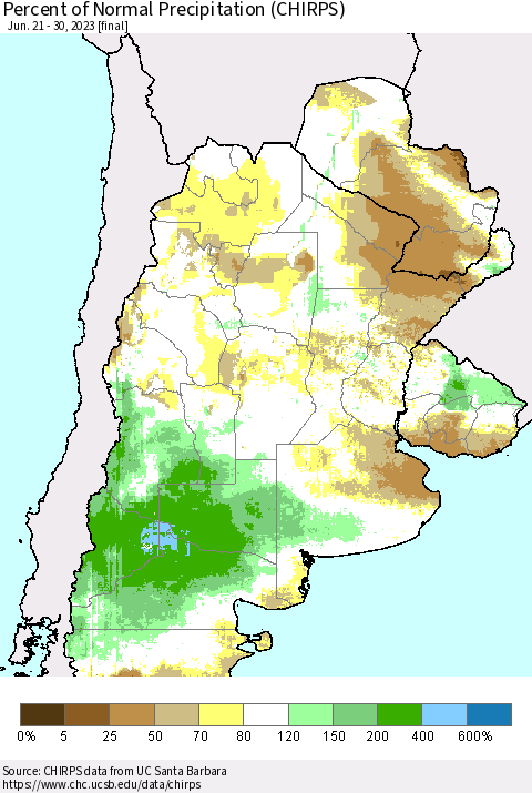 Southern South America Percent of Normal Precipitation (CHIRPS) Thematic Map For 6/21/2023 - 6/30/2023