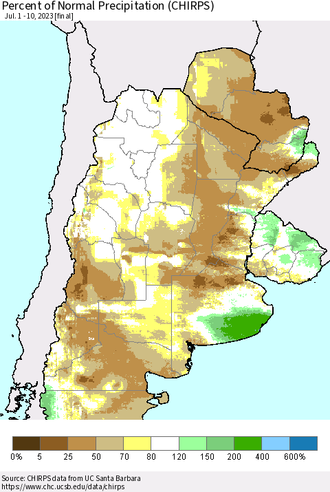 Southern South America Percent of Normal Precipitation (CHIRPS) Thematic Map For 7/1/2023 - 7/10/2023