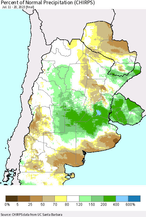 Southern South America Percent of Normal Precipitation (CHIRPS) Thematic Map For 7/11/2023 - 7/20/2023
