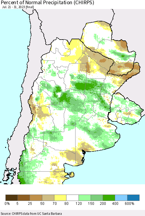 Southern South America Percent of Normal Precipitation (CHIRPS) Thematic Map For 7/21/2023 - 7/31/2023