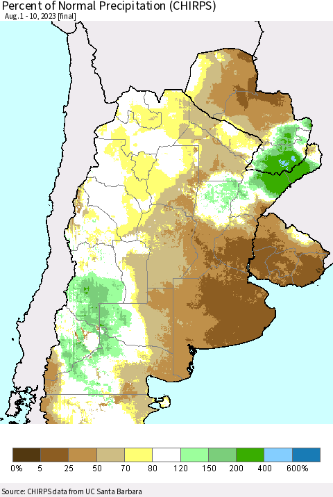 Southern South America Percent of Normal Precipitation (CHIRPS) Thematic Map For 8/1/2023 - 8/10/2023