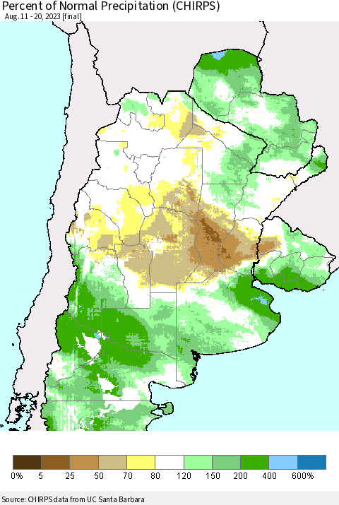Southern South America Percent of Normal Precipitation (CHIRPS) Thematic Map For 8/11/2023 - 8/20/2023