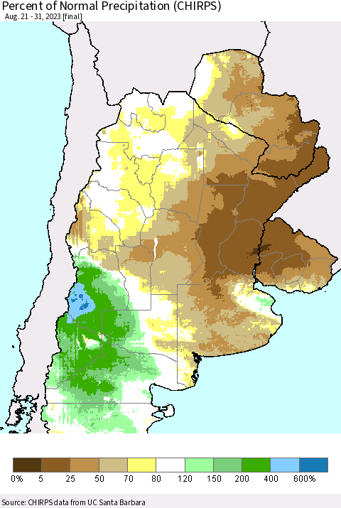 Southern South America Percent of Normal Precipitation (CHIRPS) Thematic Map For 8/21/2023 - 8/31/2023