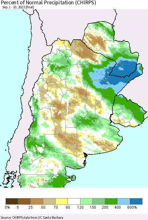 Southern South America Percent of Normal Precipitation (CHIRPS) Thematic Map For 9/1/2023 - 9/10/2023
