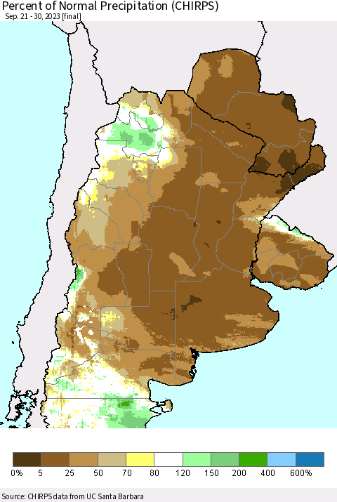 Southern South America Percent of Normal Precipitation (CHIRPS) Thematic Map For 9/21/2023 - 9/30/2023