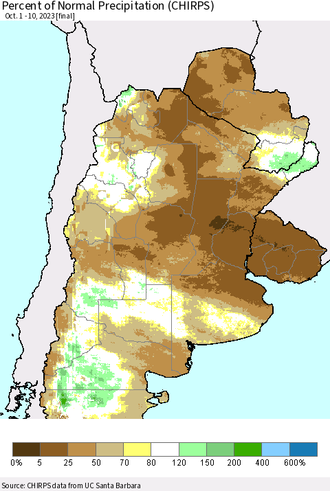 Southern South America Percent of Normal Precipitation (CHIRPS) Thematic Map For 10/1/2023 - 10/10/2023