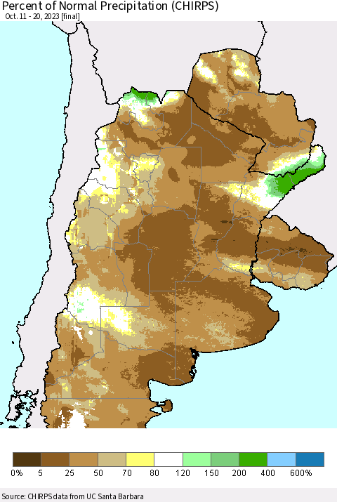 Southern South America Percent of Normal Precipitation (CHIRPS) Thematic Map For 10/11/2023 - 10/20/2023