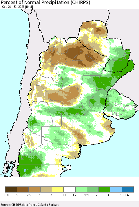 Southern South America Percent of Normal Precipitation (CHIRPS) Thematic Map For 10/21/2023 - 10/31/2023