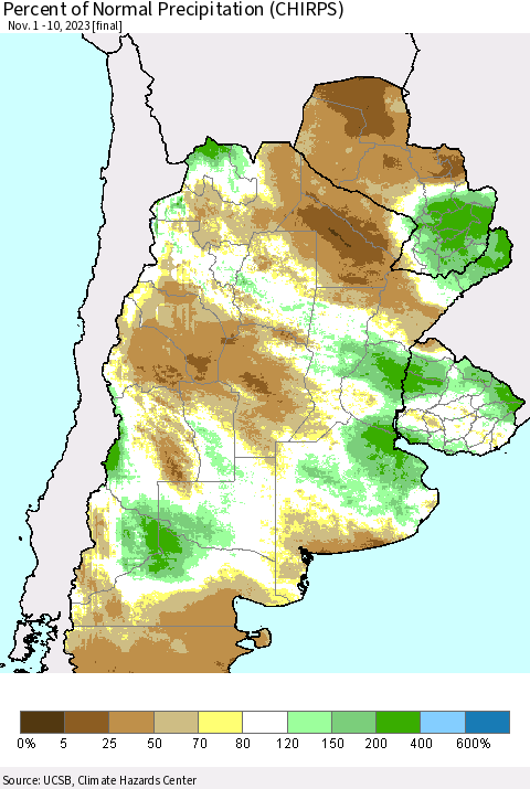 Southern South America Percent of Normal Precipitation (CHIRPS) Thematic Map For 11/1/2023 - 11/10/2023