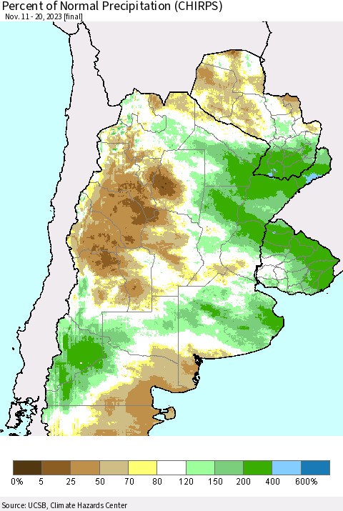 Southern South America Percent of Normal Precipitation (CHIRPS) Thematic Map For 11/11/2023 - 11/20/2023
