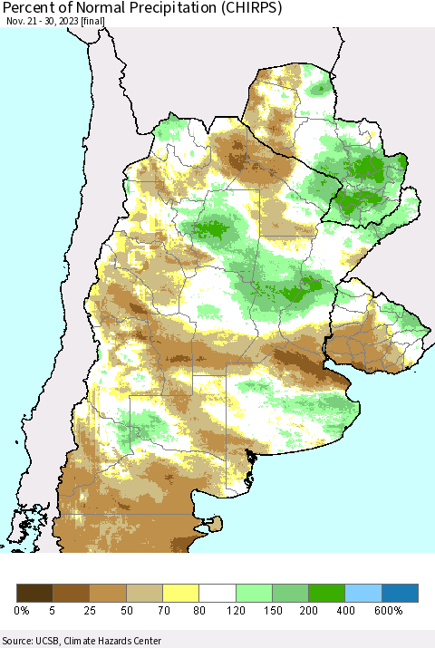 Southern South America Percent of Normal Precipitation (CHIRPS) Thematic Map For 11/21/2023 - 11/30/2023