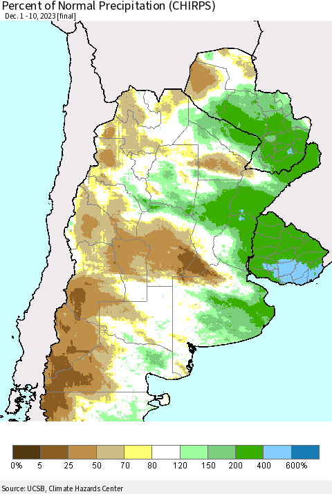 Southern South America Percent of Normal Precipitation (CHIRPS) Thematic Map For 12/1/2023 - 12/10/2023