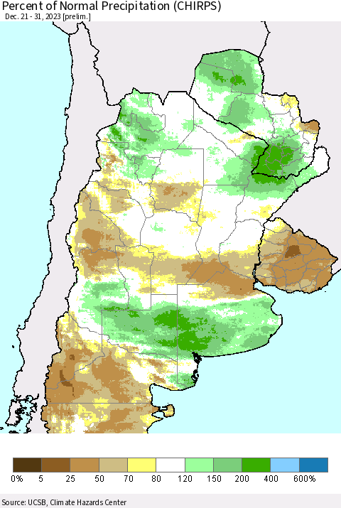 Southern South America Percent of Normal Precipitation (CHIRPS) Thematic Map For 12/21/2023 - 12/31/2023