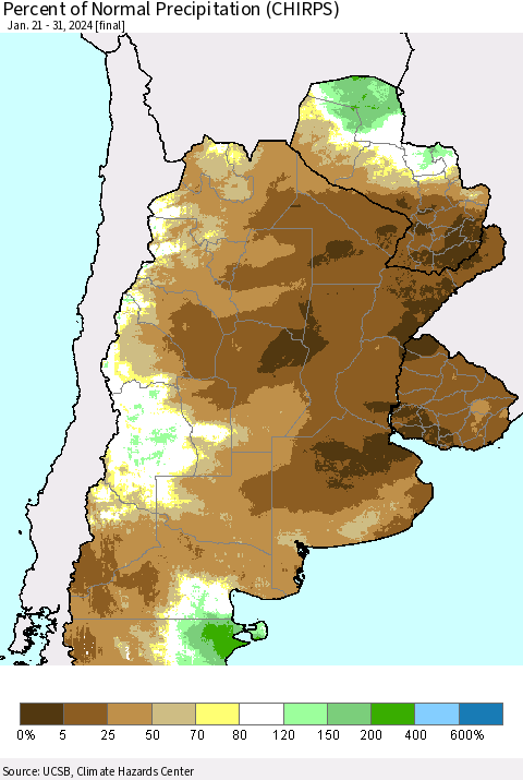 Southern South America Percent of Normal Precipitation (CHIRPS) Thematic Map For 1/21/2024 - 1/31/2024