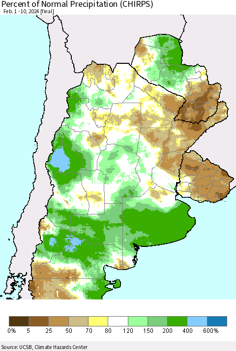 Southern South America Percent of Normal Precipitation (CHIRPS) Thematic Map For 2/1/2024 - 2/10/2024