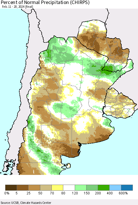 Southern South America Percent of Normal Precipitation (CHIRPS) Thematic Map For 2/11/2024 - 2/20/2024
