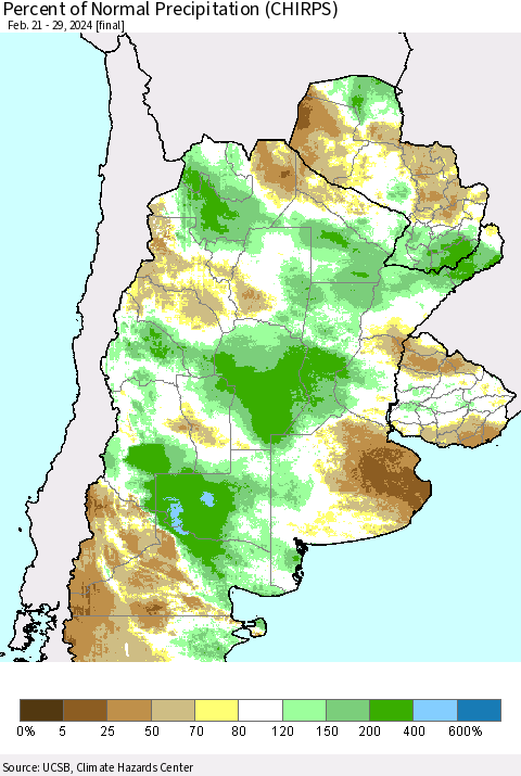 Southern South America Percent of Normal Precipitation (CHIRPS) Thematic Map For 2/21/2024 - 2/29/2024