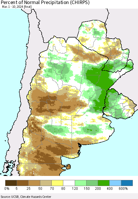 Southern South America Percent of Normal Precipitation (CHIRPS) Thematic Map For 3/1/2024 - 3/10/2024