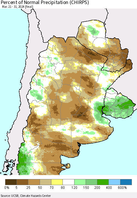 Southern South America Percent of Normal Precipitation (CHIRPS) Thematic Map For 3/21/2024 - 3/31/2024