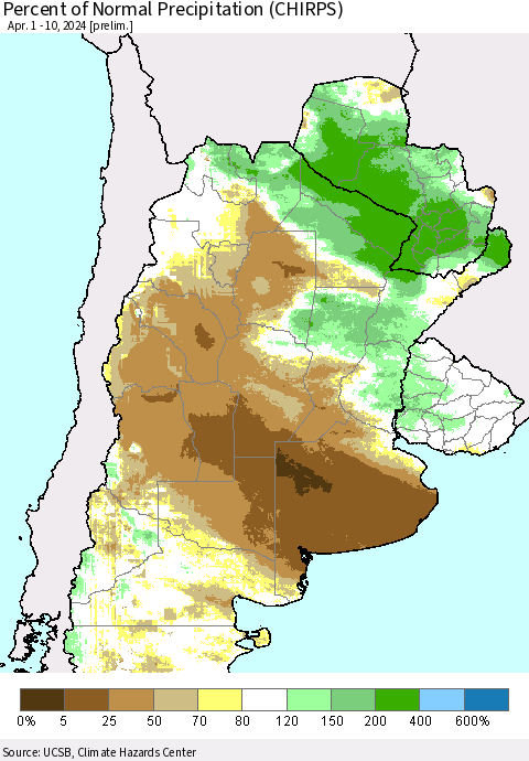 Southern South America Percent of Normal Precipitation (CHIRPS) Thematic Map For 4/1/2024 - 4/10/2024