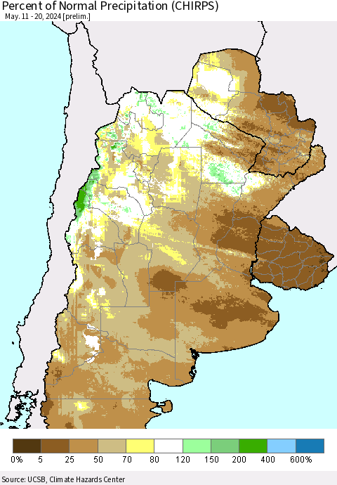 Southern South America Percent of Normal Precipitation (CHIRPS) Thematic Map For 5/11/2024 - 5/20/2024
