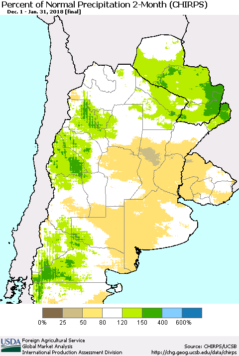 Southern South America Percent of Normal Precipitation 2-Month (CHIRPS) Thematic Map For 12/1/2017 - 1/31/2018