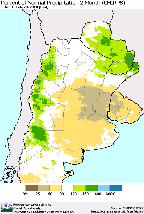 Southern South America Percent of Normal Precipitation 2-Month (CHIRPS) Thematic Map For 1/1/2018 - 2/28/2018