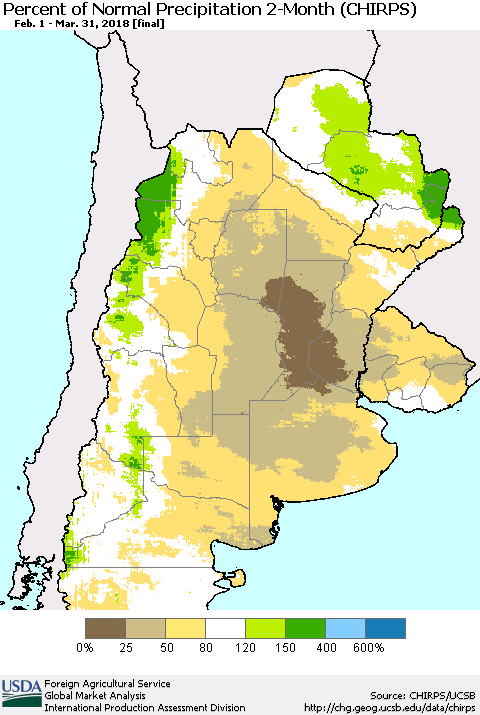 Southern South America Percent of Normal Precipitation 2-Month (CHIRPS) Thematic Map For 2/1/2018 - 3/31/2018