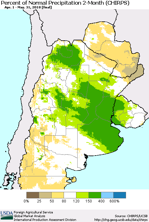 Southern South America Percent of Normal Precipitation 2-Month (CHIRPS) Thematic Map For 4/1/2018 - 5/31/2018