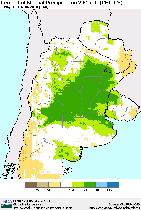 Southern South America Percent of Normal Precipitation 2-Month (CHIRPS) Thematic Map For 5/1/2018 - 6/30/2018