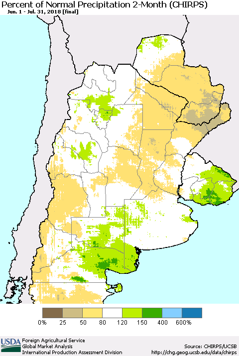 Southern South America Percent of Normal Precipitation 2-Month (CHIRPS) Thematic Map For 6/1/2018 - 7/31/2018