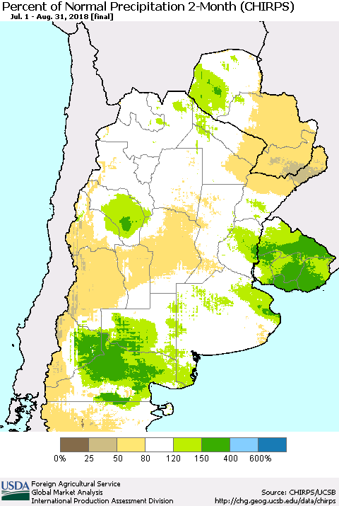 Southern South America Percent of Normal Precipitation 2-Month (CHIRPS) Thematic Map For 7/1/2018 - 8/31/2018