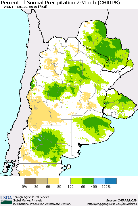 Southern South America Percent of Normal Precipitation 2-Month (CHIRPS) Thematic Map For 8/1/2018 - 9/30/2018