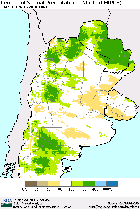 Southern South America Percent of Normal Precipitation 2-Month (CHIRPS) Thematic Map For 9/1/2018 - 10/31/2018