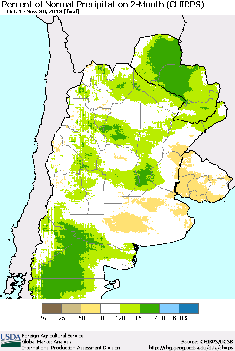 Southern South America Percent of Normal Precipitation 2-Month (CHIRPS) Thematic Map For 10/1/2018 - 11/30/2018