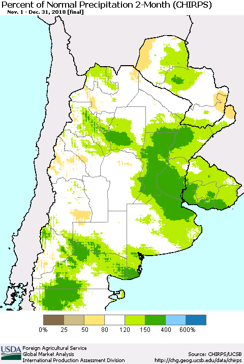 Southern South America Percent of Normal Precipitation 2-Month (CHIRPS) Thematic Map For 11/1/2018 - 12/31/2018
