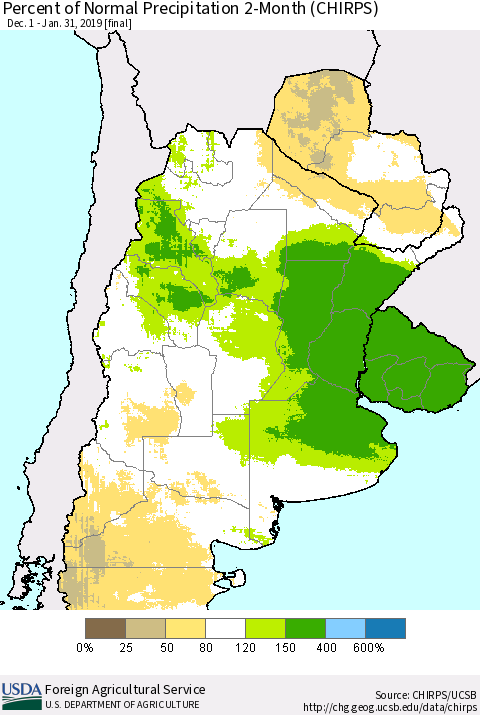Southern South America Percent of Normal Precipitation 2-Month (CHIRPS) Thematic Map For 12/1/2018 - 1/31/2019