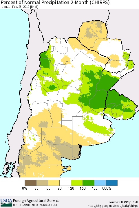 Southern South America Percent of Normal Precipitation 2-Month (CHIRPS) Thematic Map For 1/1/2019 - 2/28/2019