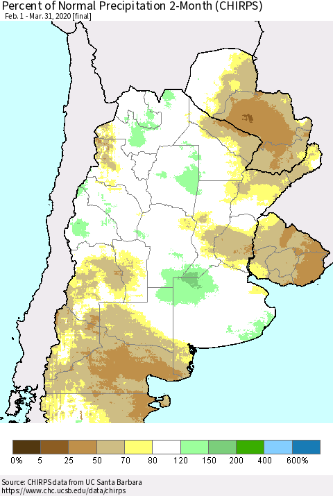 Southern South America Percent of Normal Precipitation 2-Month (CHIRPS) Thematic Map For 2/1/2020 - 3/31/2020