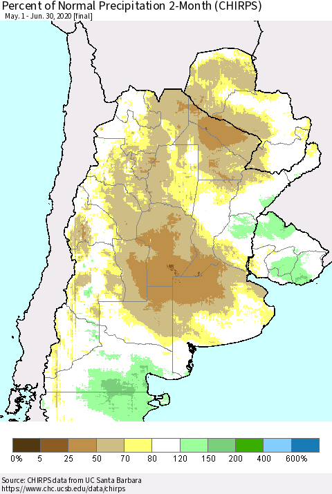 Southern South America Percent of Normal Precipitation 2-Month (CHIRPS) Thematic Map For 5/1/2020 - 6/30/2020