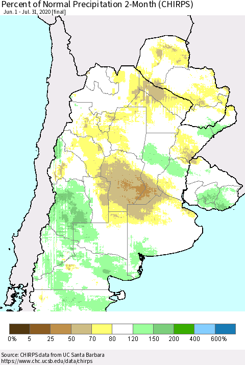 Southern South America Percent of Normal Precipitation 2-Month (CHIRPS) Thematic Map For 6/1/2020 - 7/31/2020