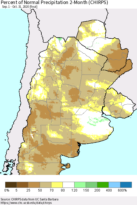 Southern South America Percent of Normal Precipitation 2-Month (CHIRPS) Thematic Map For 9/1/2020 - 10/31/2020