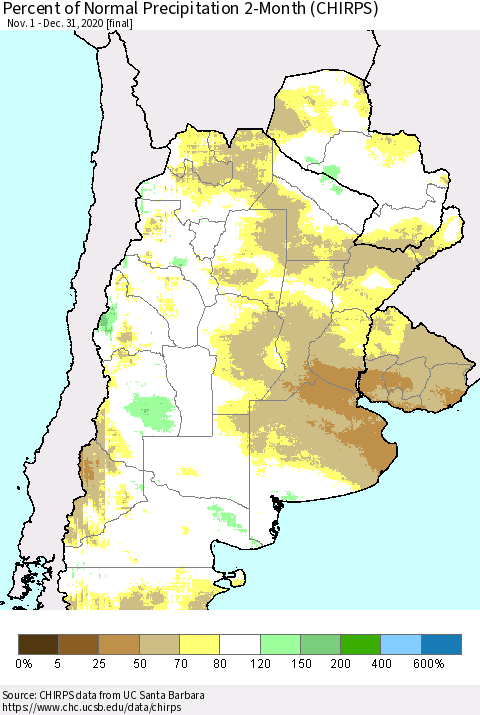 Southern South America Percent of Normal Precipitation 2-Month (CHIRPS) Thematic Map For 11/1/2020 - 12/31/2020