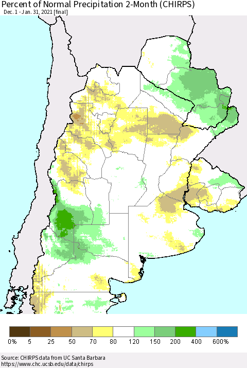 Southern South America Percent of Normal Precipitation 2-Month (CHIRPS) Thematic Map For 12/1/2020 - 1/31/2021