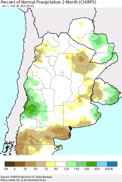 Southern South America Percent of Normal Precipitation 2-Month (CHIRPS) Thematic Map For 1/1/2021 - 2/28/2021